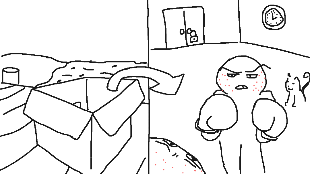 Boxers with Smallpox Boxing in a Box with Locks and it's on a Dock also there's a Clock and a Cat wait that doesnt rhyme